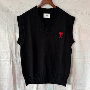 Ami Paris Black Knit Vest With Heart And Letter Embroidery